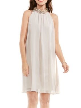 Vince Camuto Beaded Halter Mini Dress in Light Beige